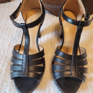 Strappy black leather heels